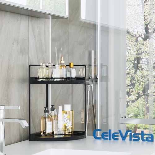 Image of Corner Bathroom Counter Organizer, 2 Tier Wood Vanity Storage, Waterproof Skincare Shelf for Kitchen & Toiletries Decor, Dresser (Black-2 Tier)