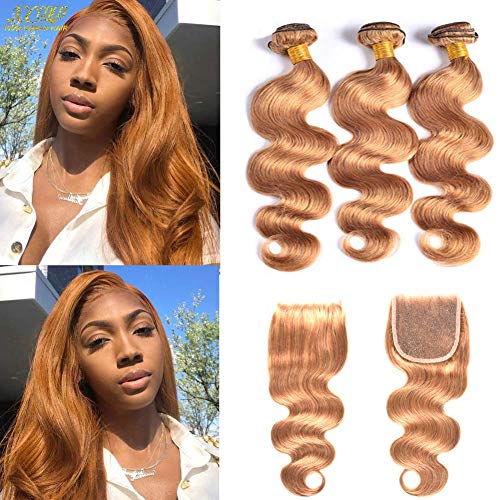 Honey Blonde Body Wave 3 Bundles with Lace Closure #27 Brazilian Blonde Human Hair Weave Unprocessed Virgin Remy Hair Weft Bundles Deal (101214with10)