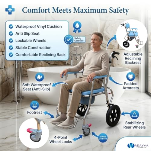Image of VEAYVA Premium Shower Commode Wheelchair for Adults & Elderly | 3-in-1 Foldable Reclining Aluminium Wheelchair | 12 Inch PVC Rear Wheels with Hand Brakes | Fully Waterproof | Lockable Front Wheels | Bedside Commode & Shower Chair (12 INCH)