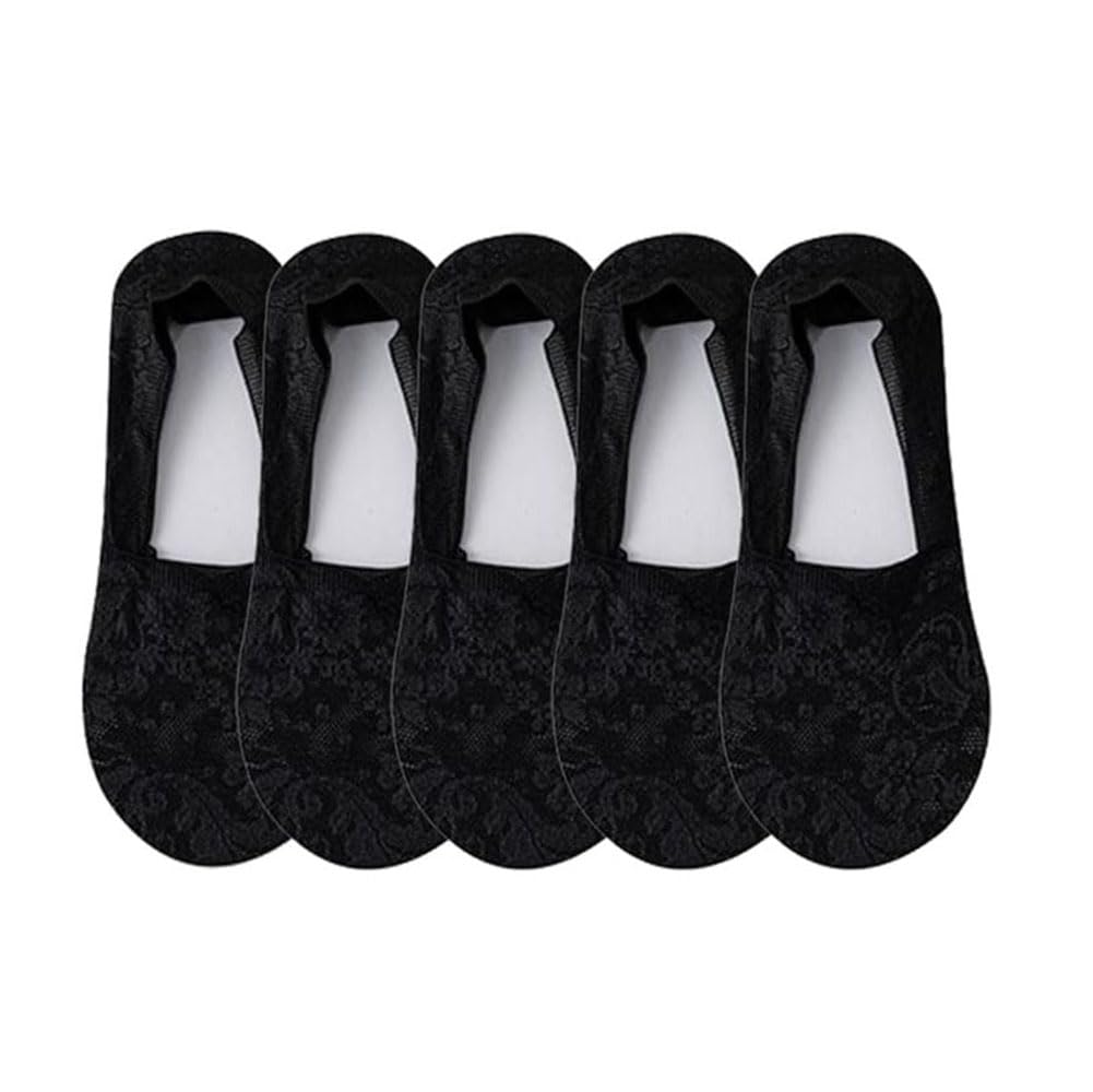 KIASRZN New Women's Lace Flower Cotton Bottom Invisible Socks,Women's No Show Lace Low Cut Socks (5 Pairs Black,One Size)