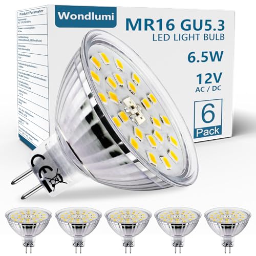 Wondlumi Bombillas LED MR16, GU5.3 Bi-Pin en Blanco Frío 6000K, 6.5W, 700 lúmenes (equivalente a 60W de bombilla halógena), Ángulo de haz de 120°, No Regulables, Paquete de 6 unidades.