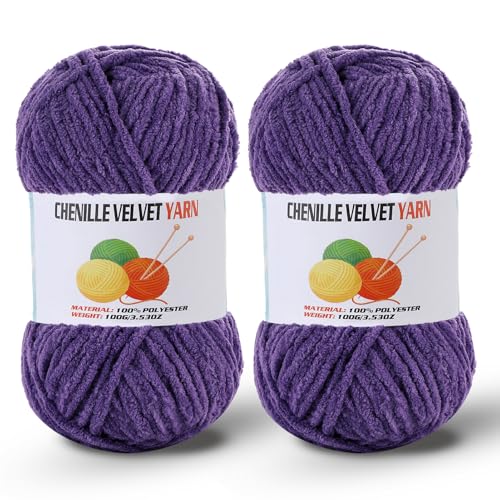 Image of 2 * 100g /3.5oz Fluffy Chenille Yarn for Crocheting, Chunky Velvet Yarn for Crochet Amigurumi, Used for Making Baby Yarns Blanket, Clothes, Pattern Knitting Creations (Lavender)