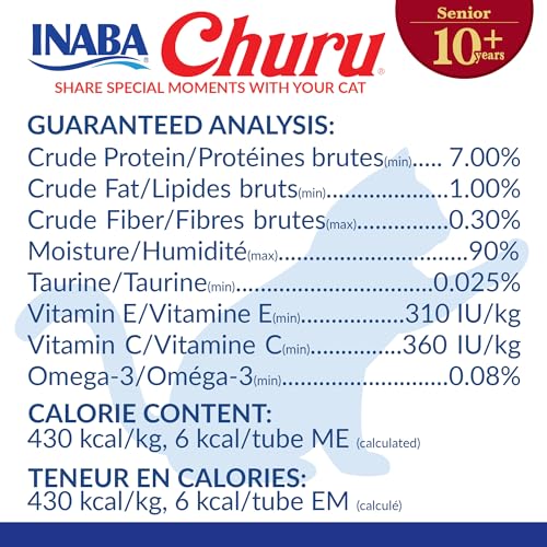 Image of INABA Churu for Senior 10+, Creamy Lickable Cat Treats with Taurine, Vitamin E & C, 0.5 Ounces Each, 20 Tubes, Chicken Variety