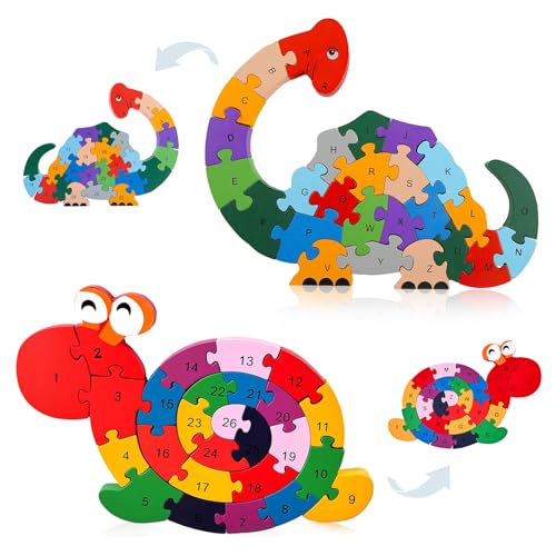 Image of LovesTown Wooden Puzzles, Snail & Dinosaur, Double-Sideld