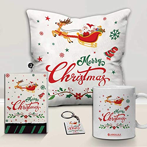 Jhingalala Merry Christmas Printed Cushion Mug Key Chain Greeting Card Combo Gift Pack | Christmas Gifts for Women, Christmas Gifts for Friends, Christmas Gifts for Girls, Christmas Gifts for Family