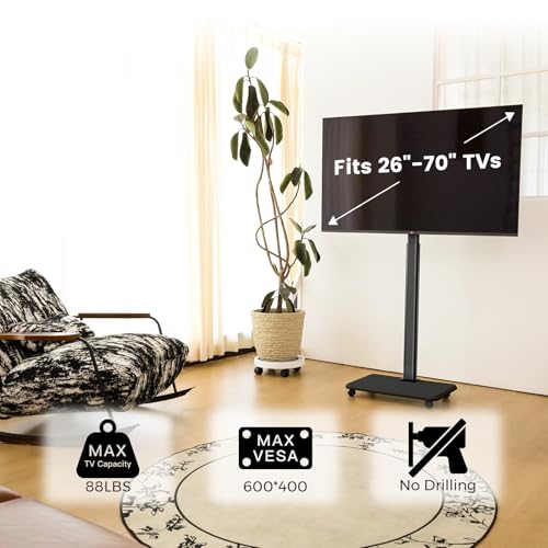 Image of Mobile TV Cart Rolling TV Stand for 26-70 inch Screens, Mobile TV Cart Holds up to 88lbs, 25 Swivel with 6 Levels of Height Adjustment for Optimal Viewing, TV Stands for Office,Room, Outdoor,Corner