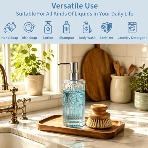 Image of Vintage Glass Soap Dispenser, 16 fl oz Refillable Liquid Hand Soap Bottle with Pump, Sunflower Embossed Dish Soap Dispenser for Bathroom, Kitchen, Shower (Clear)