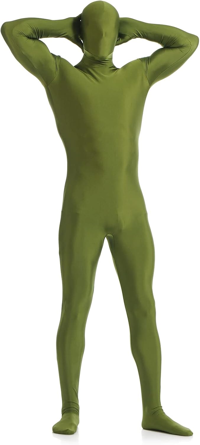 Men's Green Full Body Unitard with Mask Long Sleeve Zipper Back Jumpsuit One Piece Bodysuit Second Skin Dancewear, Army green, 3XL/195-200cm