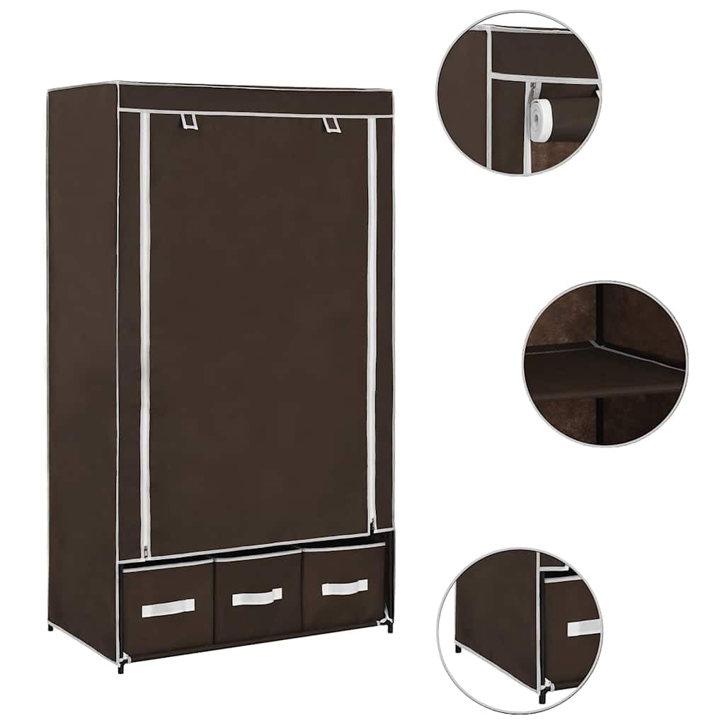 Armadio marrone in tessuto non tessuto 87x49x159 cm con 3 cassetti, aste in ferro e connettori in plastica, armadio guardaroba portatile per riporre vestiti