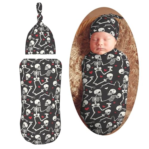 Image of Skull Skeletons in Love Dancing Newborn Swaddle Blankets Hat Sets Soft Baby Receiving Blanket Swaddle Sack for Baby Shower Infant Boy Girl Gift