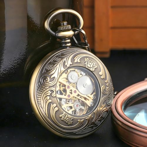 Image of Black and Silver Roman Numeral Dial Mens Mechanical Moon Phase Design, Moon Sun Pattern Skeleton Mechanical Pocket Watches for Men with Case and Chain - Black