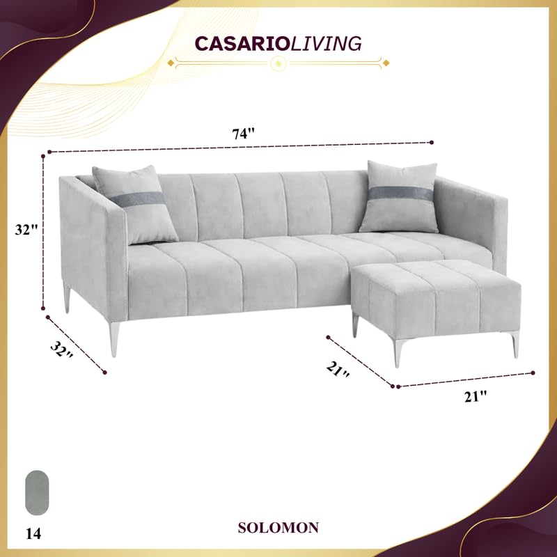 Image of Solomon 4 Seater L Shape Sofa Set with Movable Ottoman | Flexible Left or Right Layout | Luxe Velvet Suede Fabric | Comfortable Seating | Modern Sofa for Living Room - Light Gray