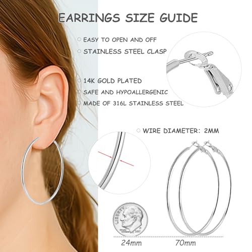 70mm Large Stainless Steel Silver 14K Gold Plated Hoop Earrings for Women Lightweight Hoops Hypoallergenic Big Thin Dangle2