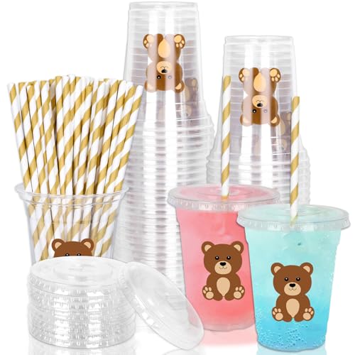 Whaline 50Pcs Bear Disposable Plastic Cups with Lids and Straws 1...