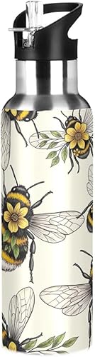 Insulated Stainless Steel Water Bottle with Straw 20 Oz, Leakproof Water Bottles for Gym Outdoor Travel School, Yellow Flowers Leaves Wings