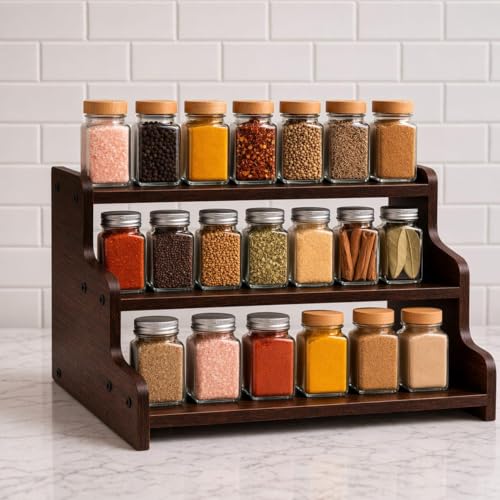 Image of VASIL MART Wood 3 Tiered Spice Rack, 3 Tier Spice Organizer for Cabinet or Kitchen, Stand For Cabinet /Cupboard (Black - mat)
