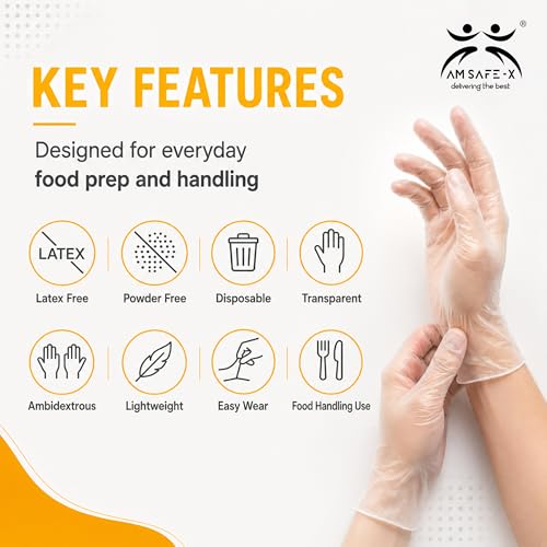 Image of AM Safe-X Disposable Transparent vinyl Gloves, Food Grade Single Use Plastic Gloves, Powder Free PE Gloves for Cooking, Food Handling, Cleaning, Kitchen, Salon & Household Use (Large - 80 Pieces)