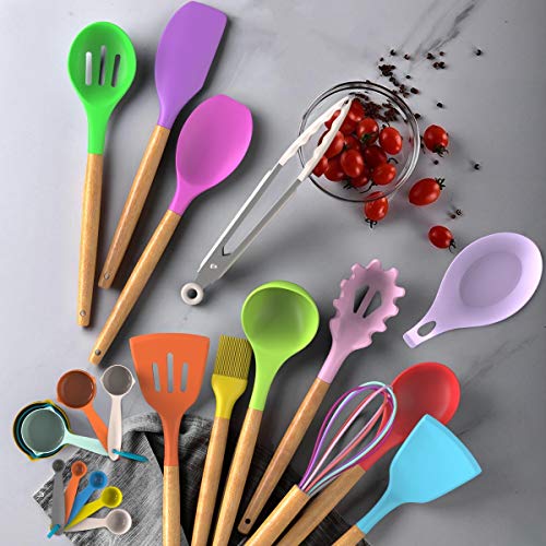 Umite Chef Kitchen Cooking Utensils Set, 33 pcs Non-stick Silicone Cooking Kitchen Utensils Spatula Set with Holder, Wooden Handle Silicone Kitchen Gadgets Utensil Set (Colorful)