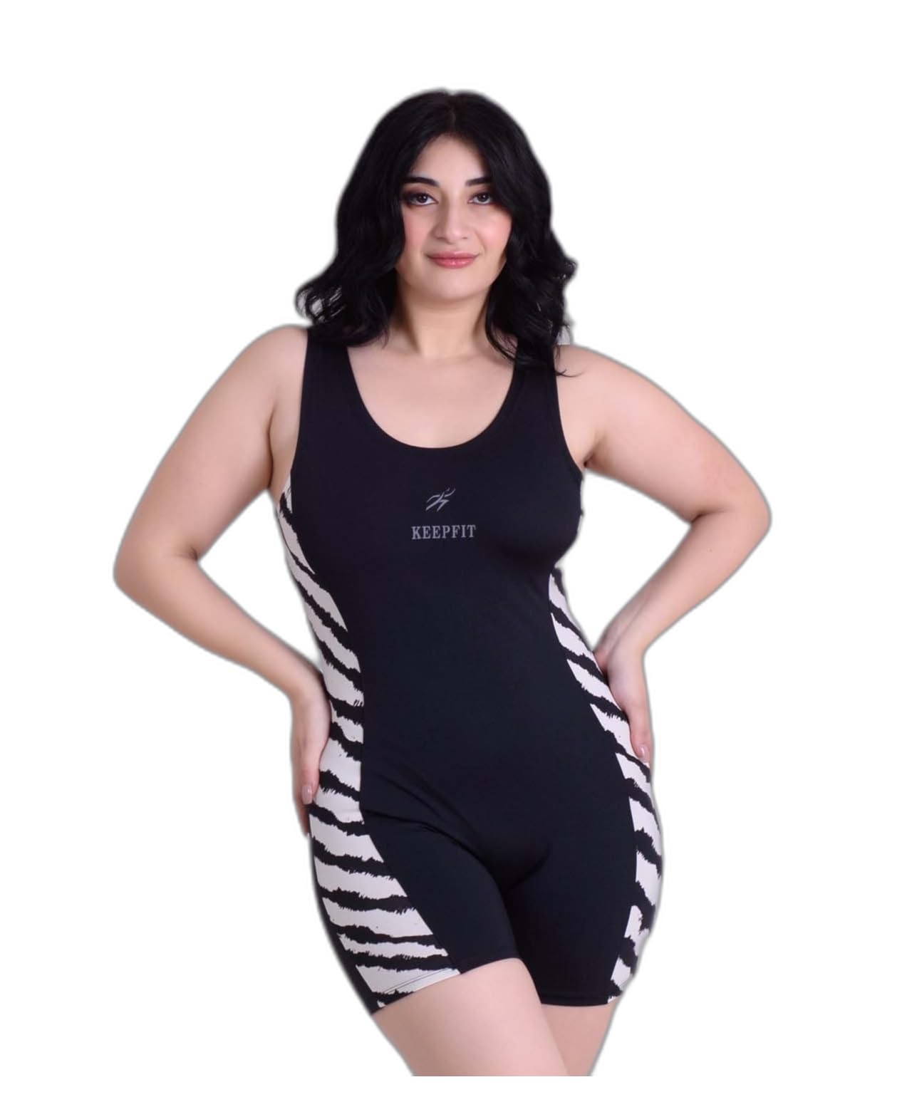 Women Black & White Colourblocked Sleeveless Plus Size Legsuit |Swimming Suit for Women
