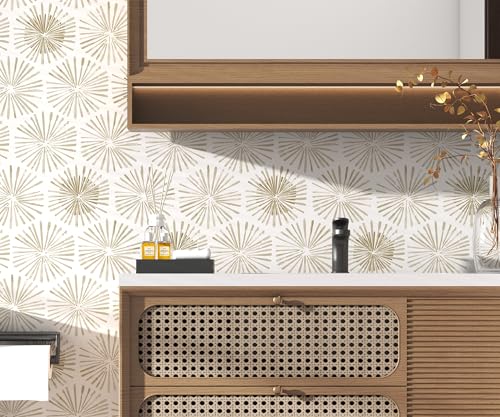 Image of Modern Peel and Stick Wallpaper Boho Self Adhesive Wallpaper Peel and Stick Geometric Contact Paper White and Beige Wall Paper Removable Wallpapers 17.3''x78.8'' for Bedroom Bathroom Cabinets Decor