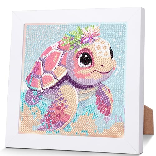 Schildkröten Diamond Painting Kinder Mit Holzrahmen, Diamant Painting | Tiere 5D Diamond Painting Mädchen Kinder,DIY Mosaikherstellung Arts Craft für Home Wand Decor 18x18cm