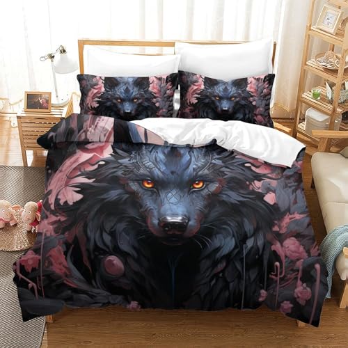 Housse de couette loup 3D fermeture éclair grand lit microfibre anti-plis - 2