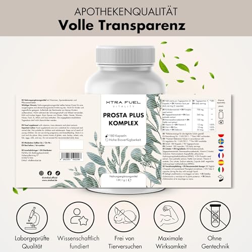 Prosta Plus Komplex - 180 Prostata Kapseln hochdosiert - einzigartige Formel aus Kürbiskern-, Sägepalmen-, Brennnesselwurzelextrakt mit Zink, Vitamin E & Selen - geprüfte Prostata Komplex Kapseln