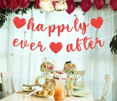 Image of Pre-Strung Happily Ever After Banner - Red Glitter Bachelorette Bridal Engagement Party Decoration Supplies, Bachelorette Wedding Party Banner for Bridal Shower or Engagement Party Photo Booth Props