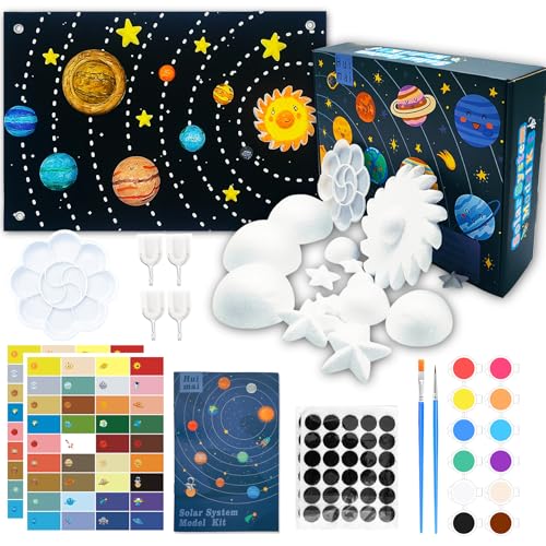 Huimai Kit de projeto de sistema solar de 66 peças, kit de modelo de sistema solar escolar com 15 bolas de espuma de tamanho misto, pigmentos de cor, paleta, pincéis, etiquetas do sistema solar