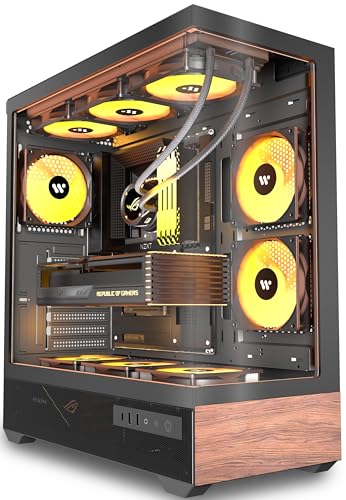 KEDIERS PC CASE ATX 5 PWM ARGB Fans Pre-Installed, Mid Tower Computer Case with Full-View Tempered Glass, Type-C,Printed Walnut Wood Panels,Support 360mm Radiator,Black Gaming Case,P6
