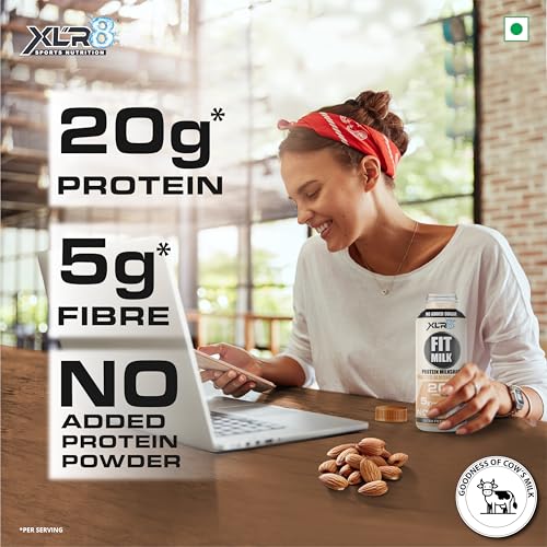 Image of XLR8 FitMilk Protein Milk | 20g Protein Milkshake 250ml (Pack of 2) | 5g Fibre | Roasted Almond | No Added Sugar | Contains Prebiotic Fiber | Ideal for Early Mornings, Pre & Post Workouts Energy Drink
