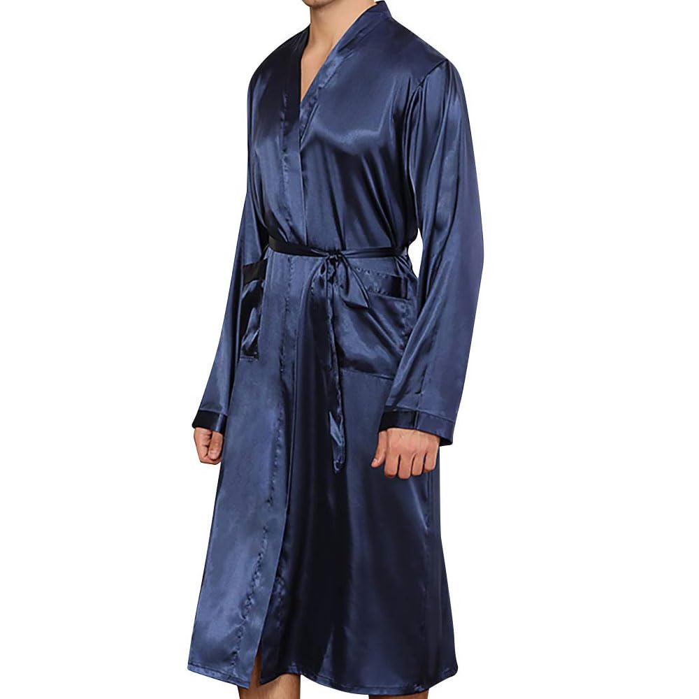 MARGOUN Men's Satin Dressing Gown, Long Bathrobe, Lightweight Silk Sleepwear Pyjamas for Men, with Belt MG03