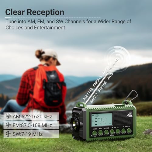 Miniatura 2 de Mesqool Am Fm Sw Radio De Manivela Con Batería Recargable De 12000mah, Portátil De Camping Con Linterna Y Luz De Lectura, Emergencia Tipo C, Dinamo Con Alarma Sos