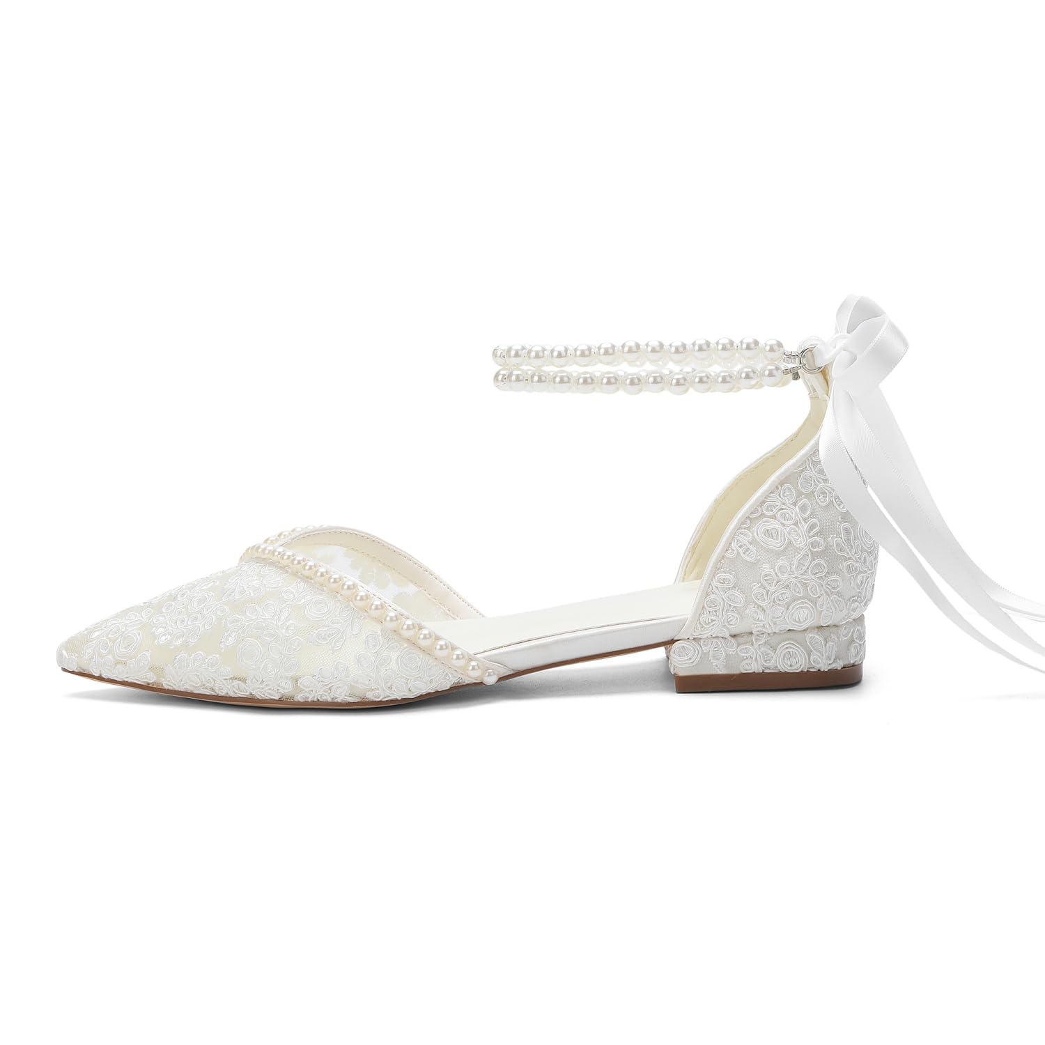 Brautschuhe mit Spitze, für die Braut, spitzer Zehenbereich, Perlen-Hochzeitsschuhe