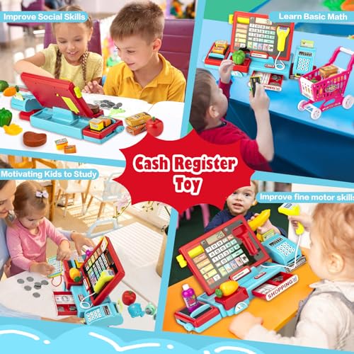 Image of Cash Register for Kids Real Calculator Kids Cash Register with Scanner Toy for 3 4 5 6 7 8 Year Old Boy Pretend Play Store with Music / Food / Shopping Cart Learning Toys Gifts for Boys Ages 4-8
