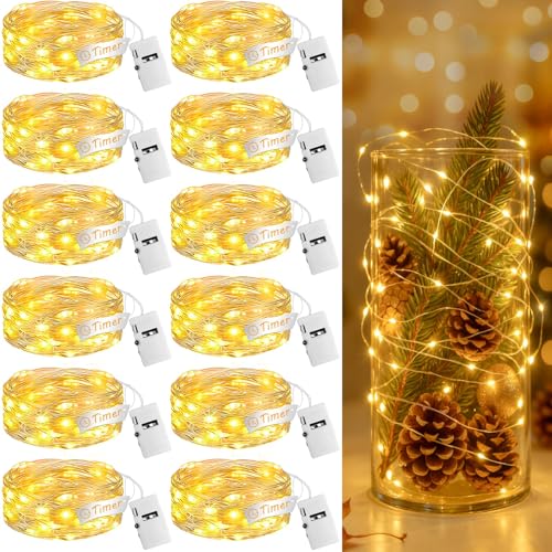 Image of 12Pack Fairy Lights with Timer, 7ft 20 LED Twinkle Light Battery Operated 3 Modes, Mini String Lights for Christmas Trees Wreath Party DIY Mason Jars Bottles Decor, Warm White