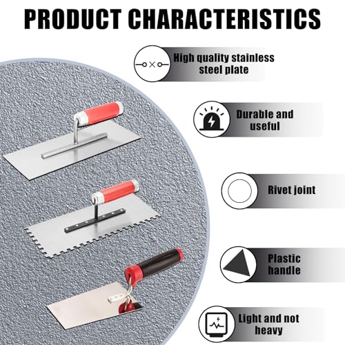 Aicharynic Roestvrij stalen troffel, 3-delige set, troffel, roestvrijstalen troffel, set met pleisterlepel, set stukateurspatel met rubberen handgreep, stucateur gereedschap voor pleistermassa, beton - Afbeelding 4