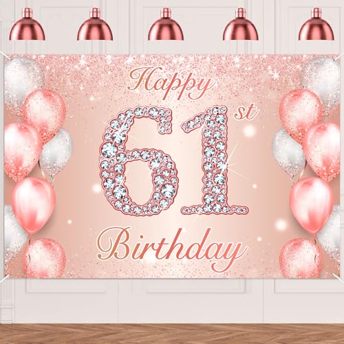 Image of Happy 61st Birthday Rose Gold Banner Cheers to 61 Years Old Backdrop Confetti Balloons Theme Decor for Women 61 Years Old Pink Birthday Party Decorations Bday Supplies Background Favors Gift Glitter