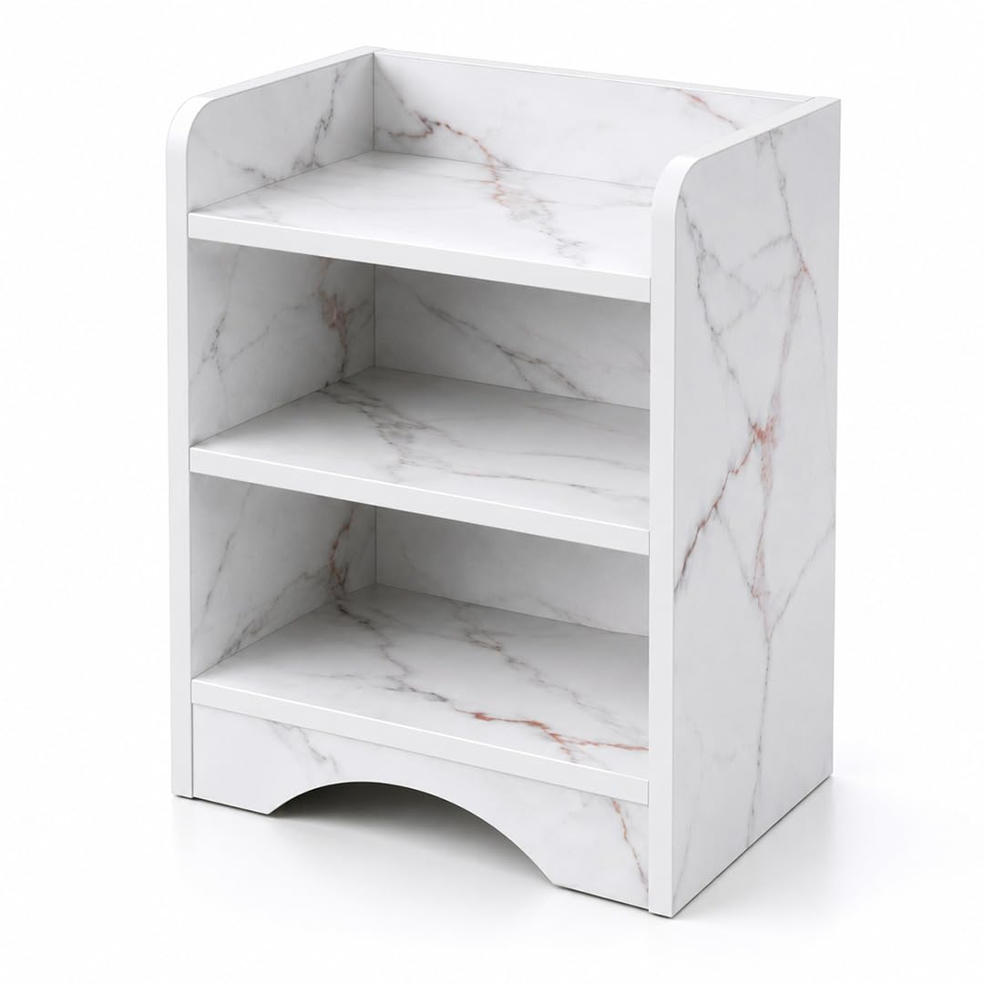 3 Tier White Marble Nightstand Bedside Table, 40.6 x 25.4 x 50.8 cm | Open Shelf Storage, Scratch-Resistant Surface, Engineered Wood, Compact Footprint, 16 x 10 x 20 in-picture-25