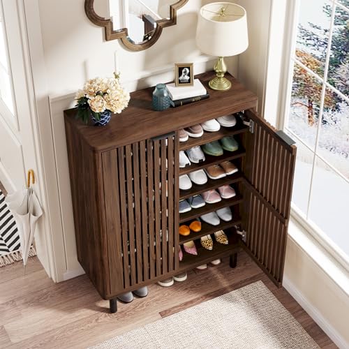 Tribesigns 6-Tier Shoe Cabinet with Shutter Doors, Large Wooden Shoe Organizer Rack with Adjustable Shelves, Modern Farmhouse Hidden Storage Furniture for Entryway, Hallway (Dark Walnut)