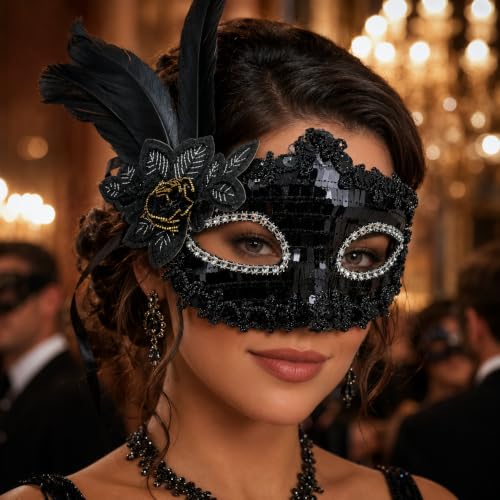 Image of Wanna Party Black Sequin Masquerade Mask for Women Men,Venetian Mask Shinny Eye Masks for New Year Halloween Costume Mardi Gras Party Ball- Black