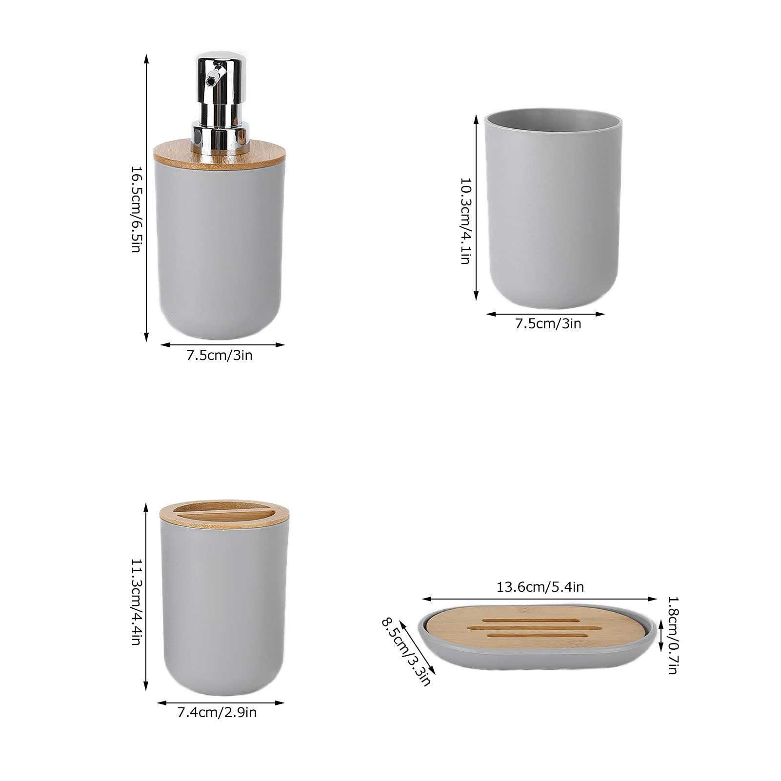Juego de Accesorios de baño de 4 Piezas Incluye dispensador de jabón, Soporte para Cepillo de Dientes, Taza para Cepillo de Dientes, jabonera Accesorios baño jabón y Vaso (Gris)