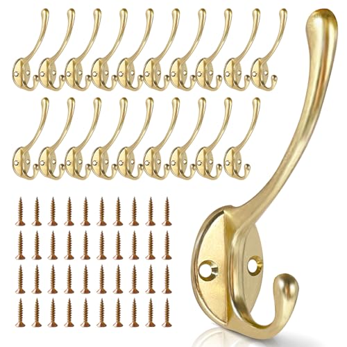 Wall Hooks for Hanging, 20-Pack Heavy Duty Metal Coat Hooks, for Living Room, Bathroom, Kitchen, Bedroom for Towel, Hat, Key, Closet, Bag (Gold)