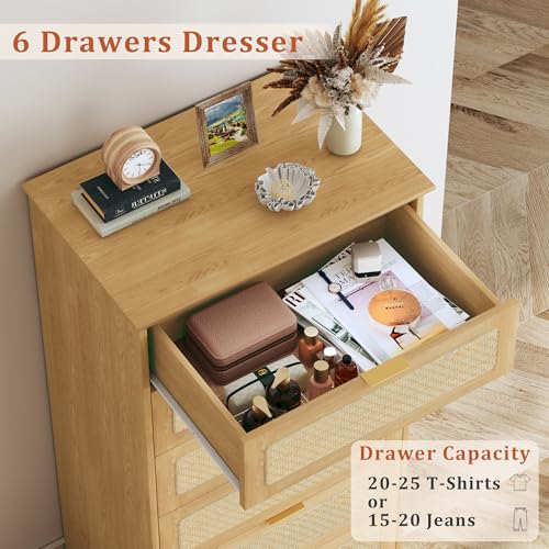 Image of HUAHUU 6 Drawer Dresser for Bedroom, 50 Inch Tall Dressers & Rattan Chest of Drawers, Boho Style, Wood Modern Dressers Organizer for Bedroom, Living Room, Hallway, Entryway, Oak