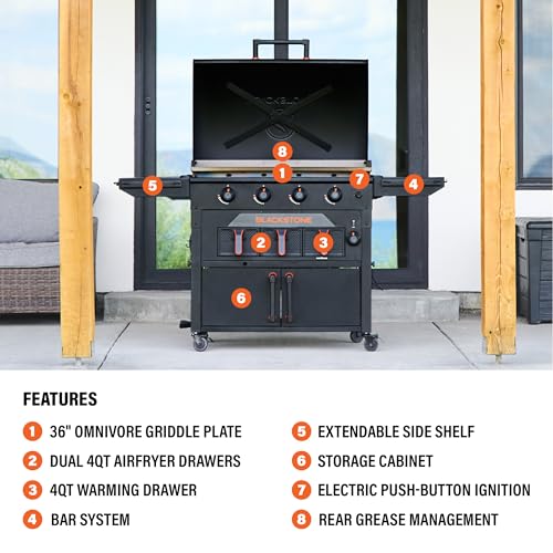Image of Blackstone 2439 Original 36 inch Omnivore Griddle with Airfryer Combo | BAR System, Integrated Hood, 4 Quart Airfryer