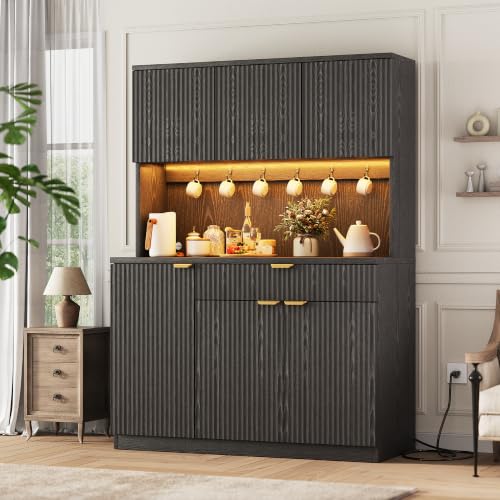 Image of Fluted Pantry Storage Cabinet with Charging Station & LED Light, 71 inch Tall | Large Pantry Cabinet with Microwave Stand / Drawer / Adjustable Shelves, Coffee Bar Storage for Dining Room