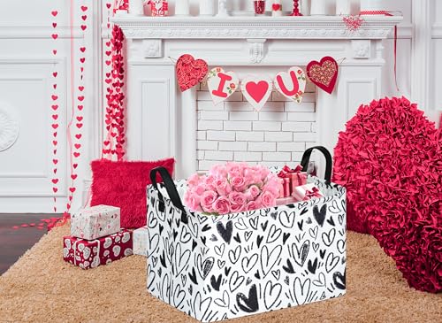 Image of Valentine's Day Gift Basket Rec Black Heart Print Box Hamper Storage Basket Collapsible Organizer Bin Gift Shelf Baskets for Home and Kitchen