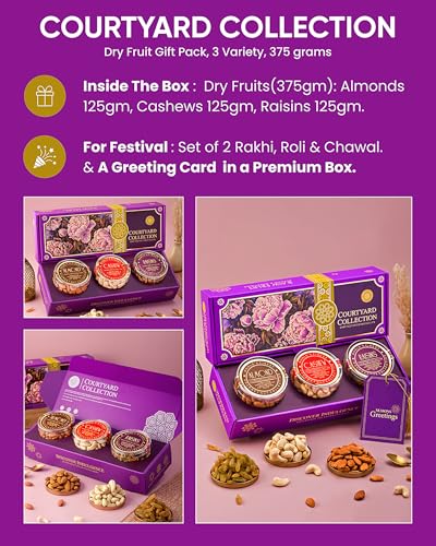 Image of Hyperfoods Rakhi Hamper for Brother 375g RawFruit Courtyard Collection Pack of 3 Dry Fruits Gift Box Rakhi Set of 2 DryFruits Gift Pack Dryfruit Box for Gift Dry Fruits Gift Hamper for Brother