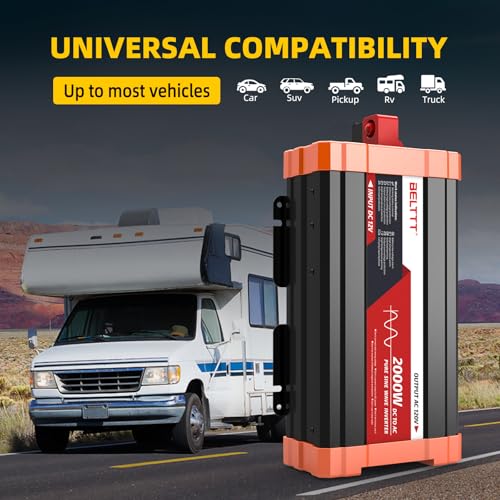 belttt 2000w pure sine wave inverter car power inverter 12v to 120v ac converter for rv truck solar outdoor with dual ac and 20a socket 5v 21a usb surge 4000w hardwire port remote controller
