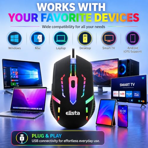 Image of Elista RGB Wired Mouse for Laptop & PC | 3 DPI Levels (800 /1000 /1200) | USB Plug & Play | LED Light Mouse | Ergonomic Design | Budget Gaming Mouse